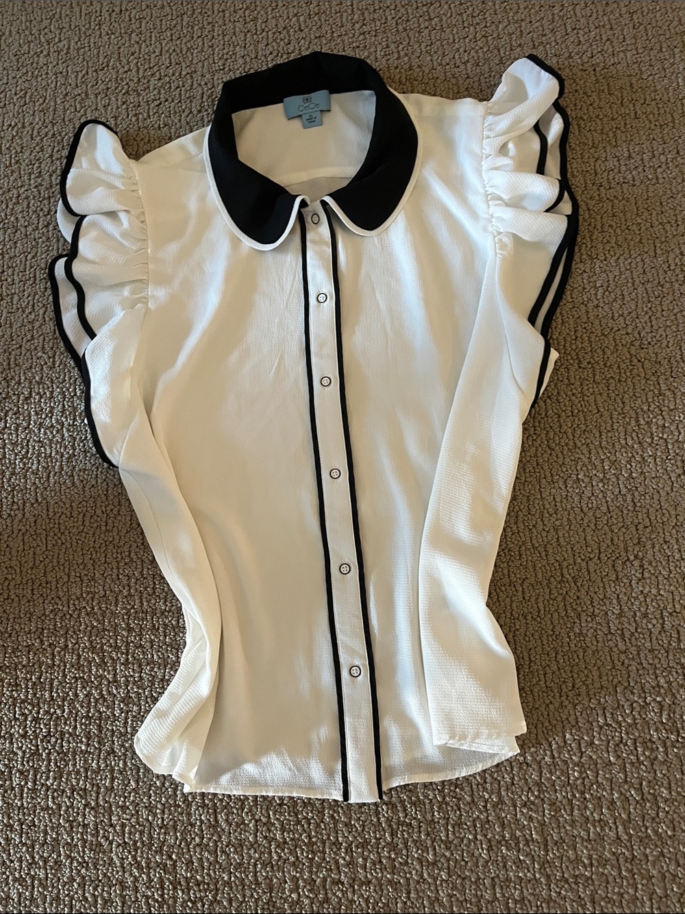 CeCe White Button-Down Blouse with Black Collar and Trim